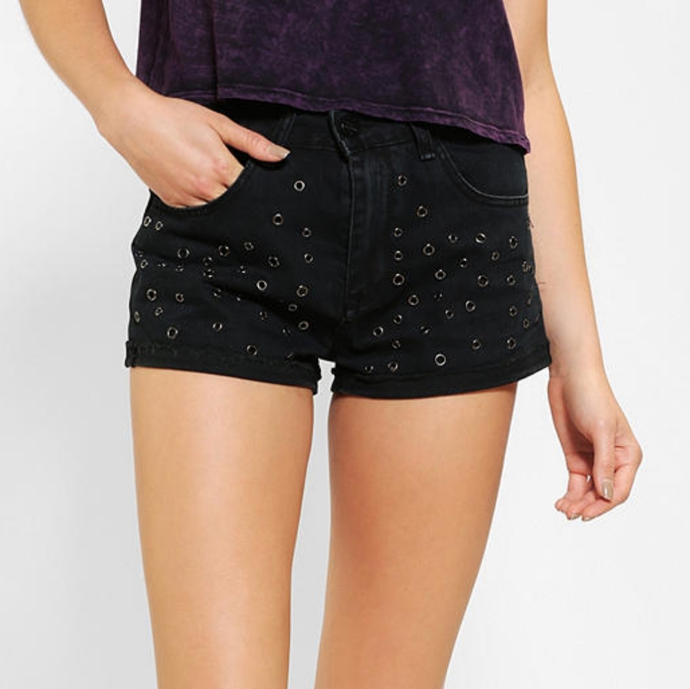 Neon Blonde Vixen Denim Jean Shorts Metal Eyelet Embellishments